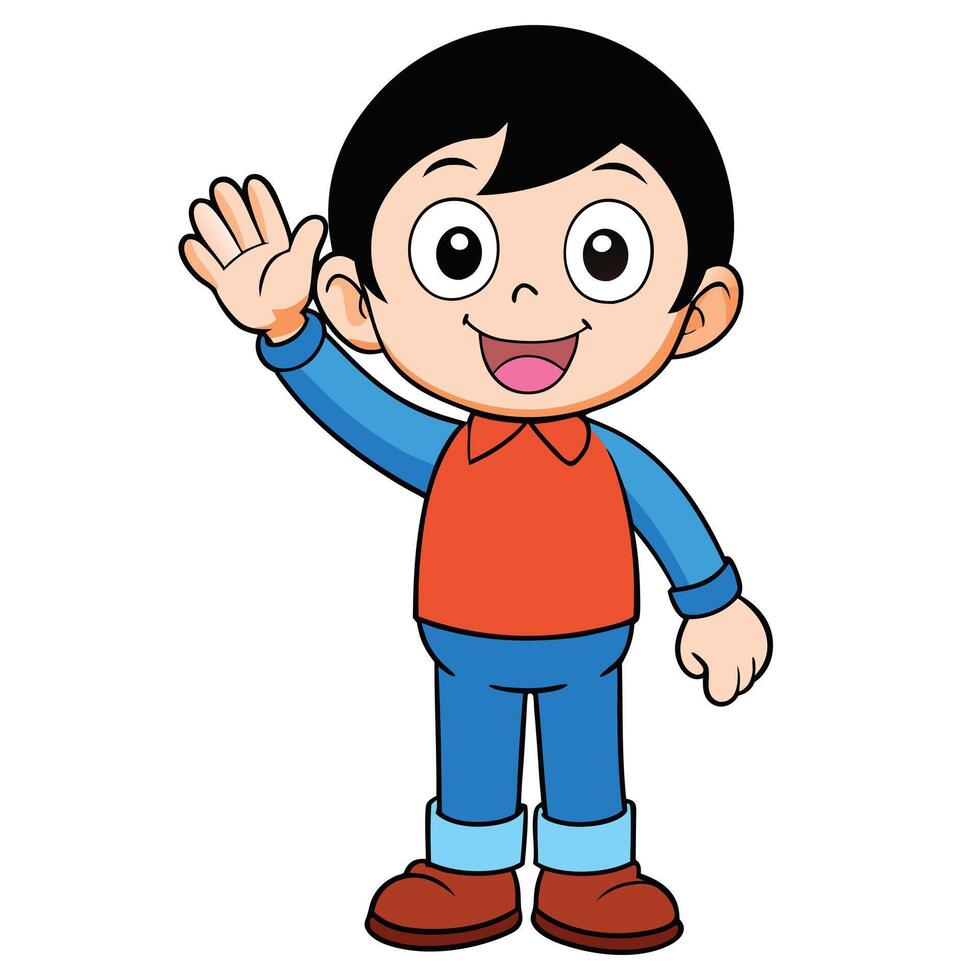 Cheerful young boy cartoon character waving hand in a friendly greeting vector