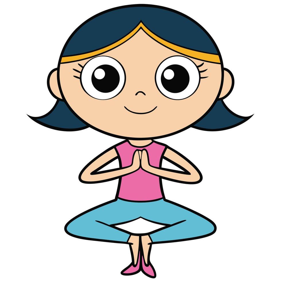 Cartoon girl practicing yoga in lotus position for kids wellness illustration vector
