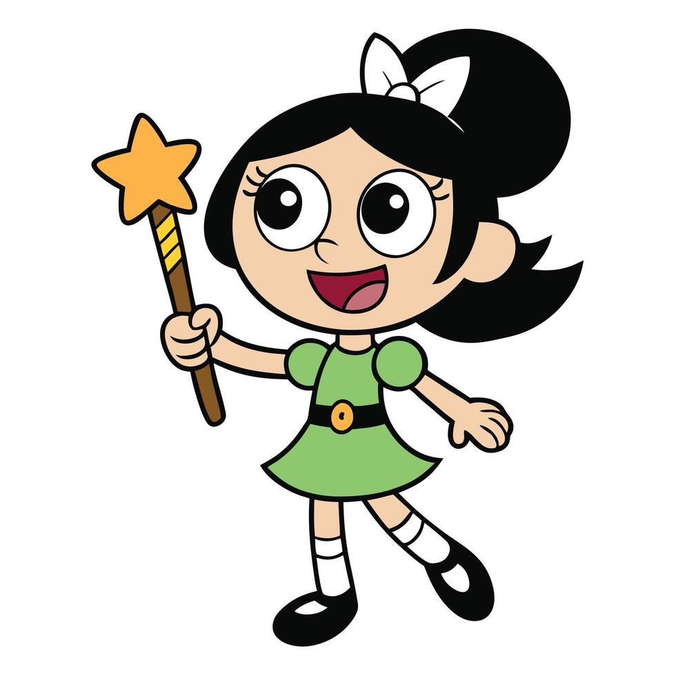 Cartoon girl holding a star wand in green dress and ponytail vector