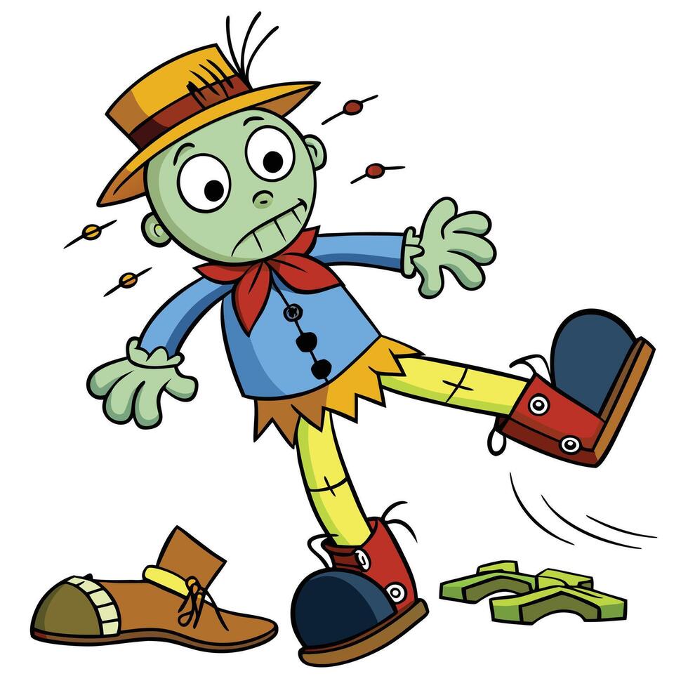 Cartoon scarecrow stepping out of shoe with loose fitting costume character vector