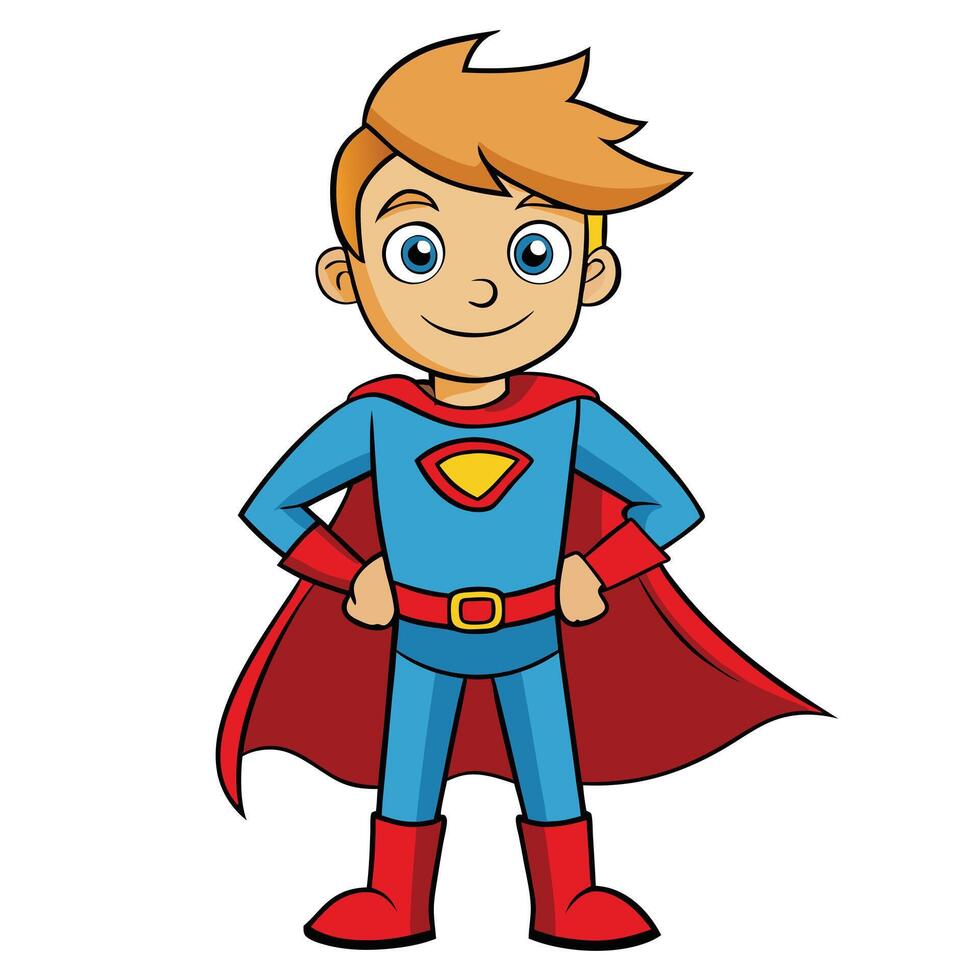 Cartoon superhero boy with red cape and boots standing heroically vector