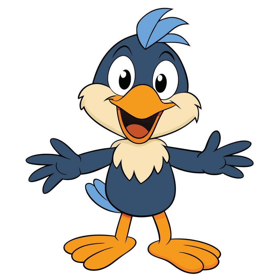 Cheerful cartoon bird mascot character spreading joy with open arms welcome vector