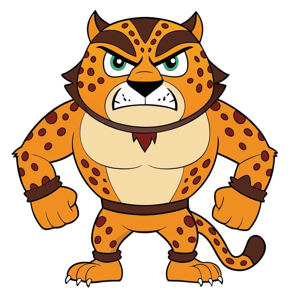 Cartoon illustration of an angry spotted cat character with green eyes vector