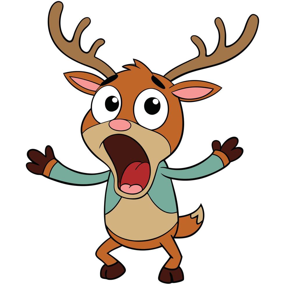 Cartoon deer character exclaiming in surprise with arms raised and open mouth vector
