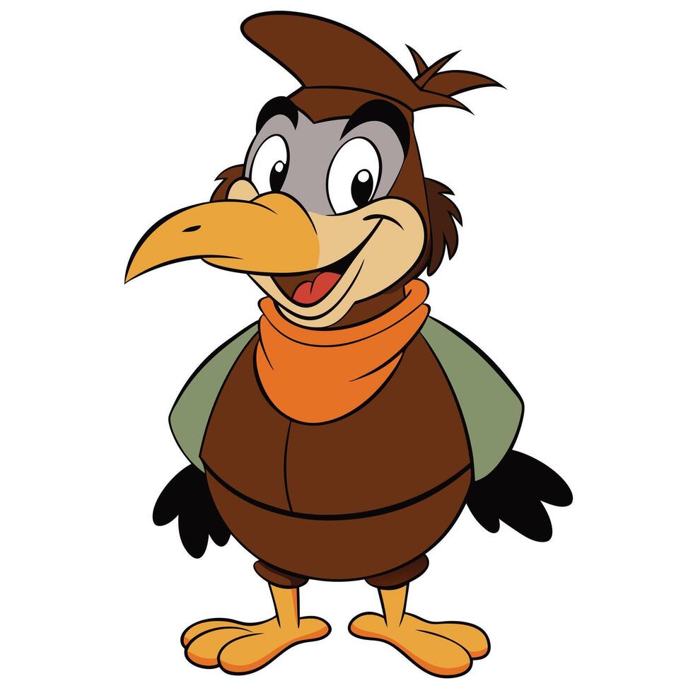 Cartoon bird character illustration with orange scarf in standing pose on white background vector
