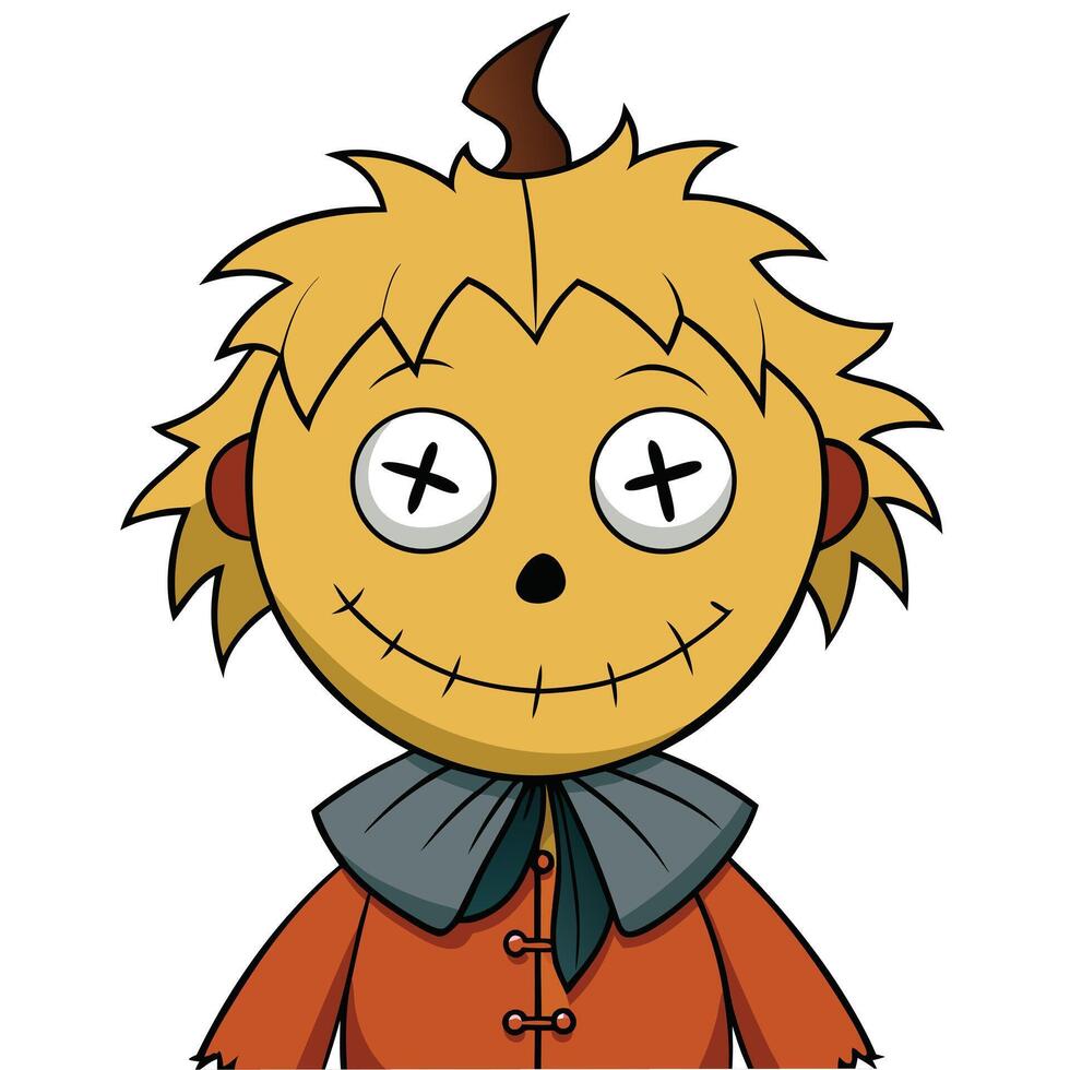 Cartoon scarecrow illustration with stitched smile and button eyes for halloween designs vector