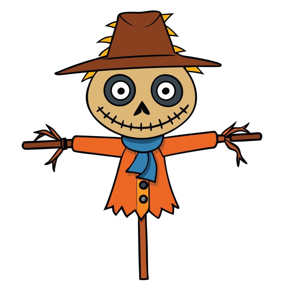 Cartoon scarecrow illustration with hat scarf and stitched smile for autumn designs vector