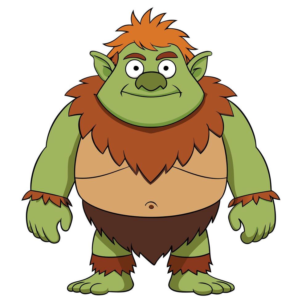 Cartoonish green troll with orange hair and brown fur illustration vector