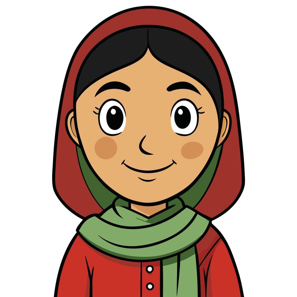 Cartoon illustration of a smiling young girl wearing traditional hijab and scarf vector