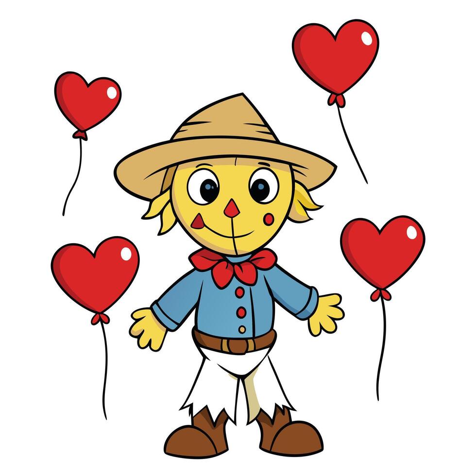 Cute scarecrow character with red heart balloons romantic and festive holiday decoration vector