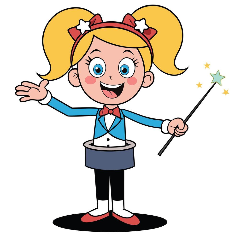 Cartoon girl magician with wand emerging from hat ready to perform vector