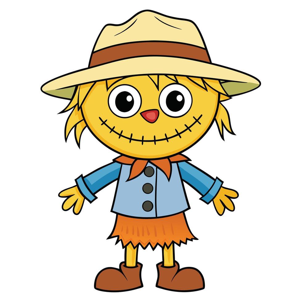 Cartoon scarecrow illustration smiling with hat and boots for autumn harvest vector
