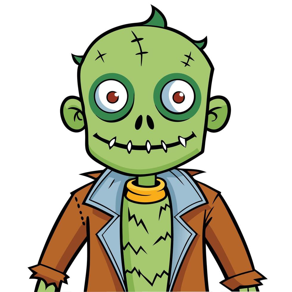 Cartoon style young zombie illustration character wearing jacket with creepy smile vector