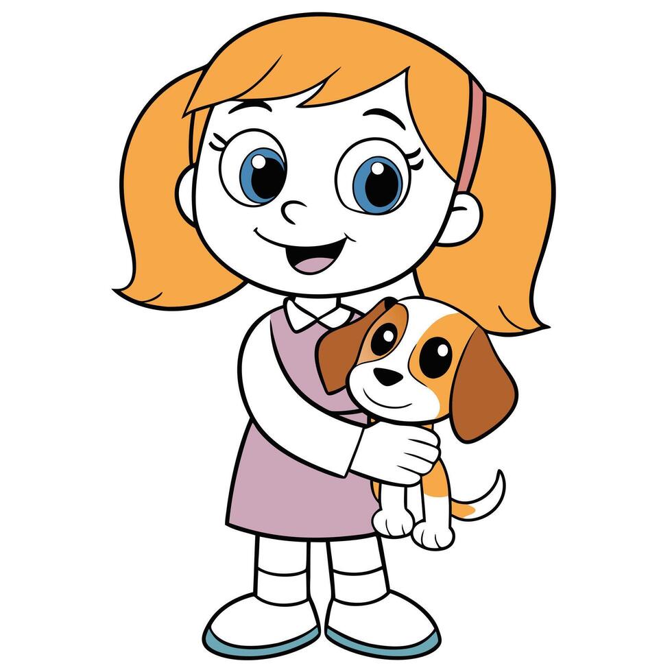 Little girl cartoon hugging puppy dog isolated on white background vector