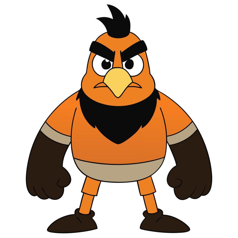 Cartoon angry bird character standing tall with orange feathers and scowling expression vector