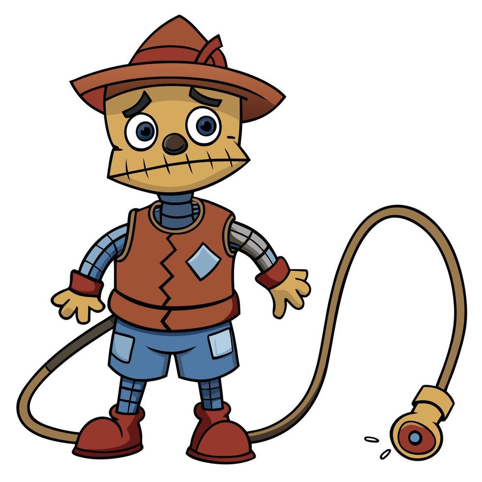 Sad scarecrow character cartoon illustration with watering can spout concept vector