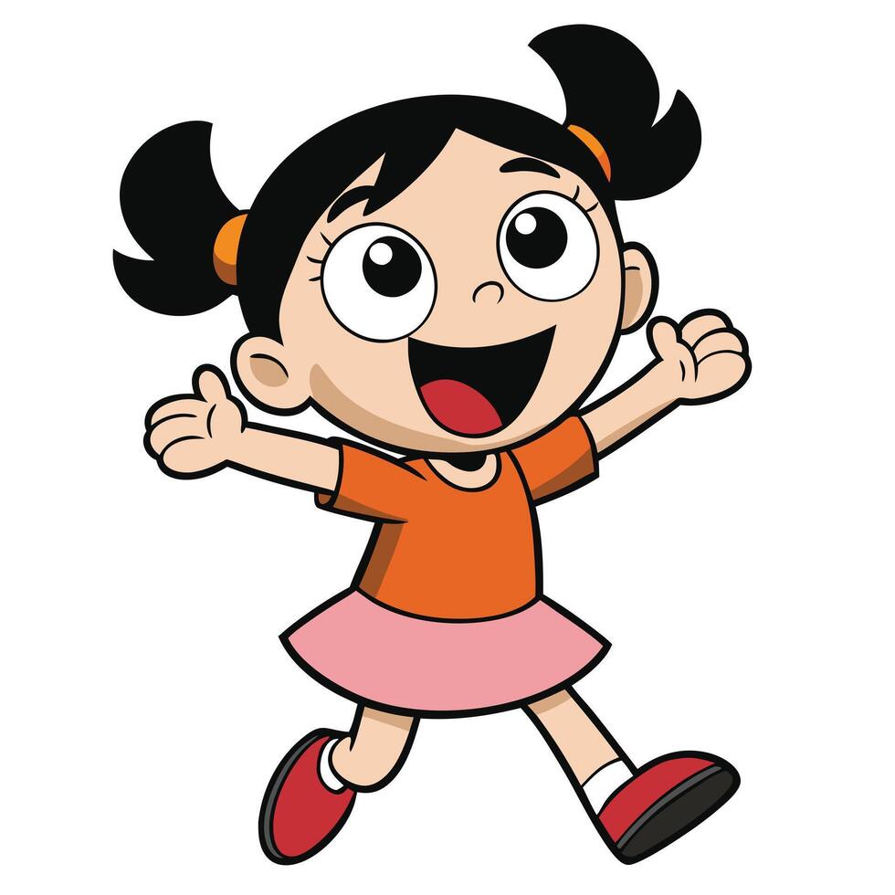 Cartoon girl character with pigtails cheerful and smiling with arms outstretched vector