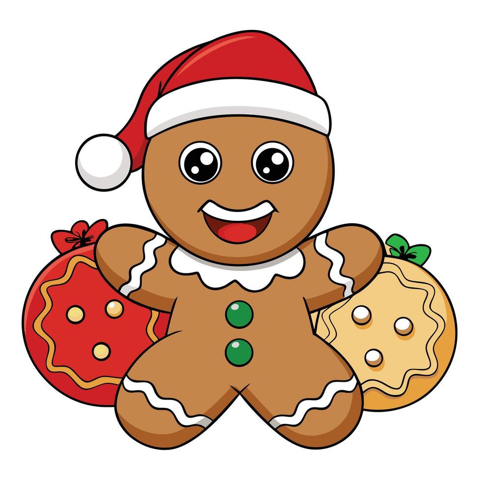 Cartoon gingerbread man with santa hat and christmas ornament cookies vector