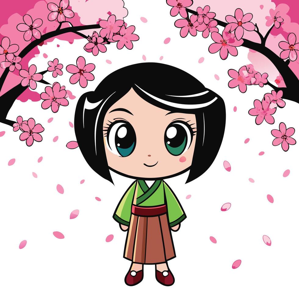 Cute cartoon japanese girl character with cherry blossom tree background illustration vector
