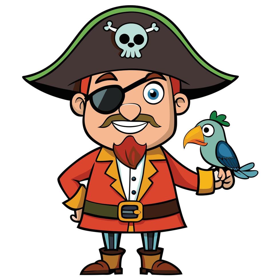 Cartoon pirate with eye patch and parrot illustration for children vector