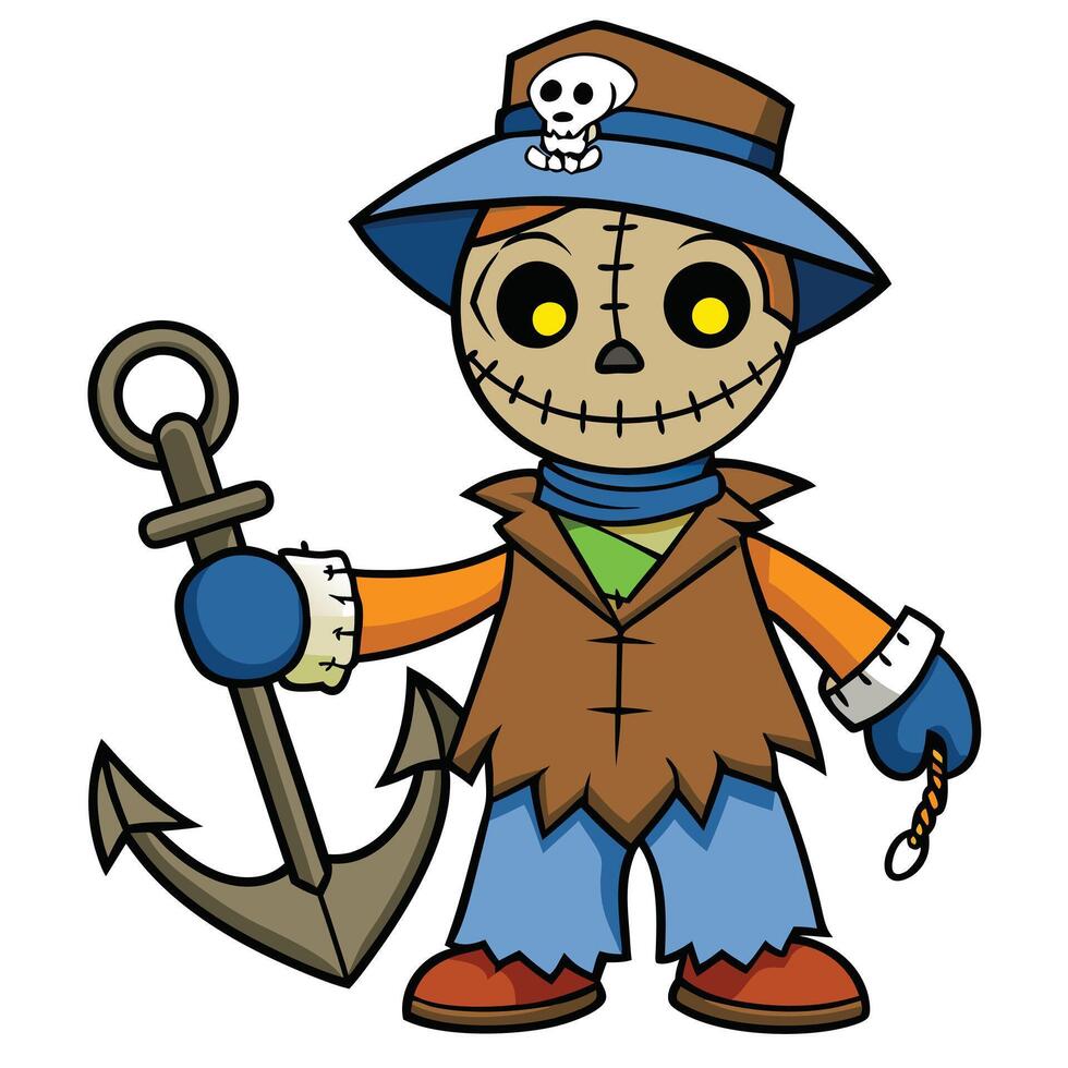 Cartoon pirate scarecrow holding anchor with hat and skull decoration vector