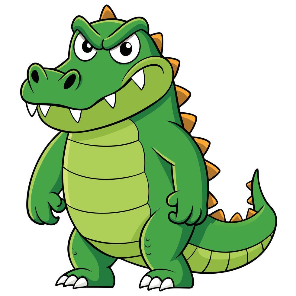 Angry green crocodile cartoon illustration standing upright with a furious expression vector