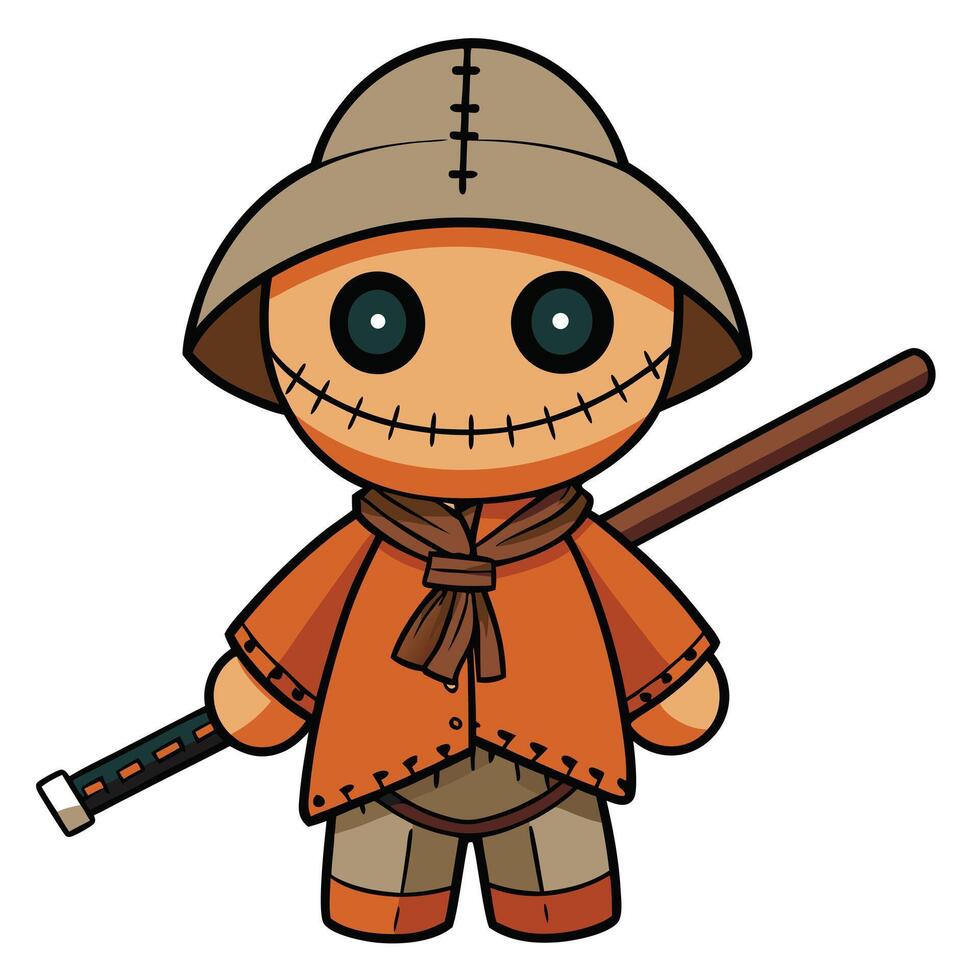 Cartoon voodoo doll illustration with hat and stick for halloween season vector