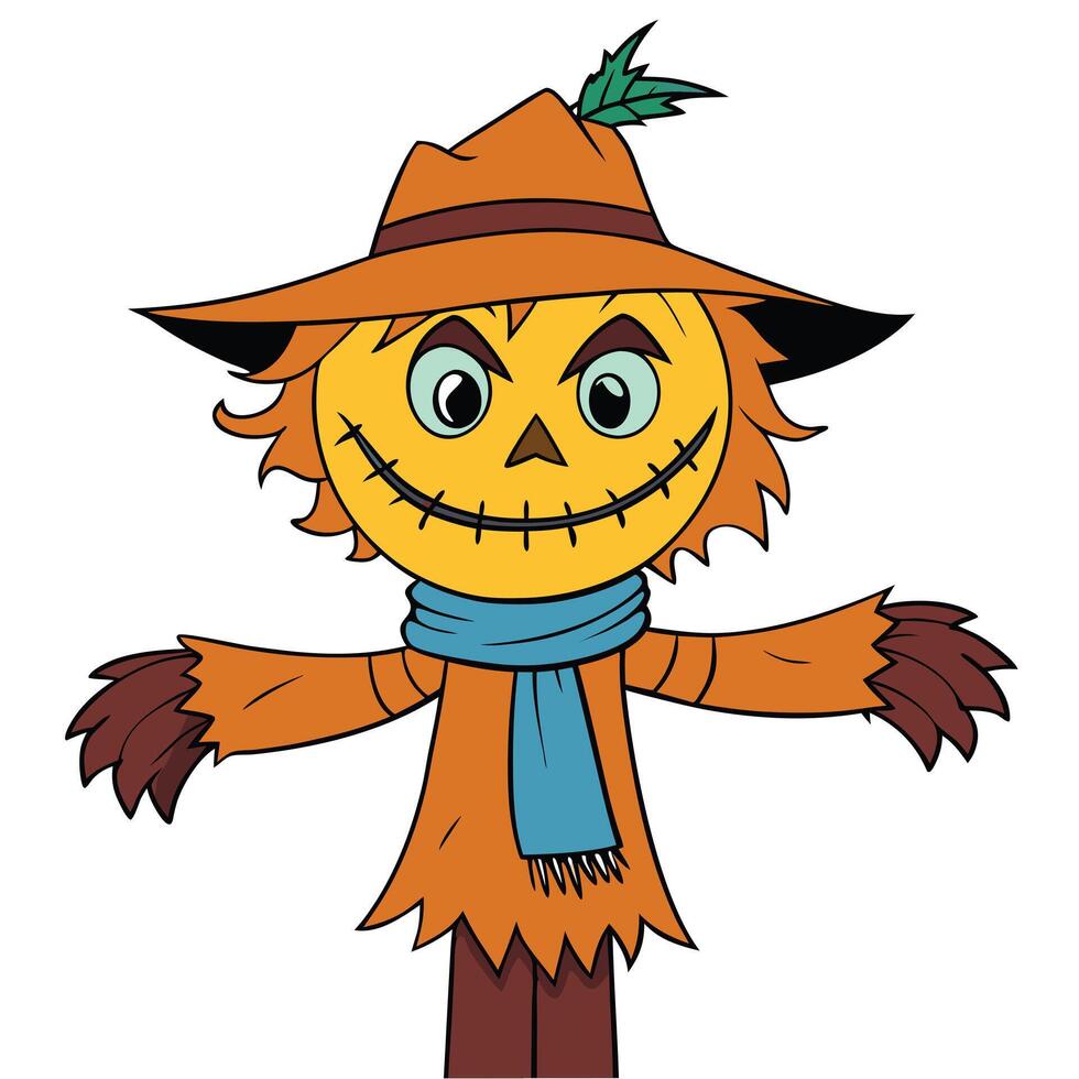 Cartoon scarecrow illustration wearing a hat and scarf for fall season vector