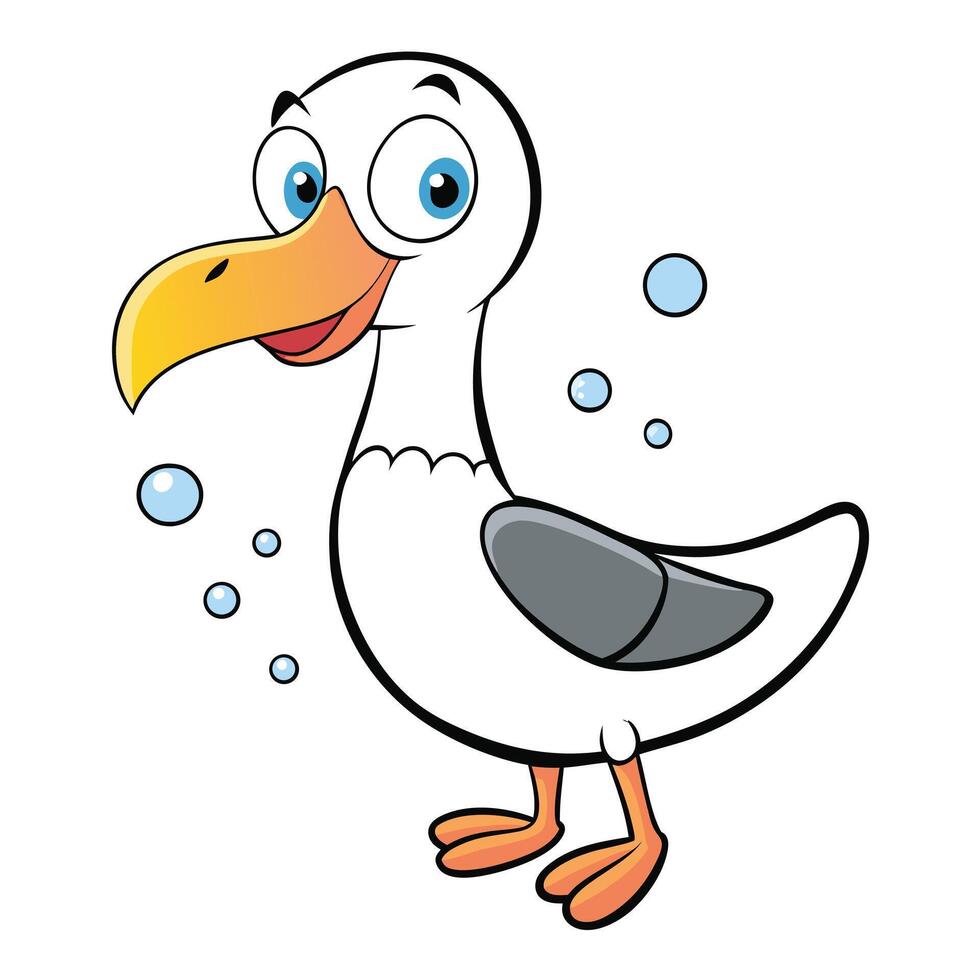 Cheerful cartoon seagull surrounded by bubbles illustration for kids projects vector