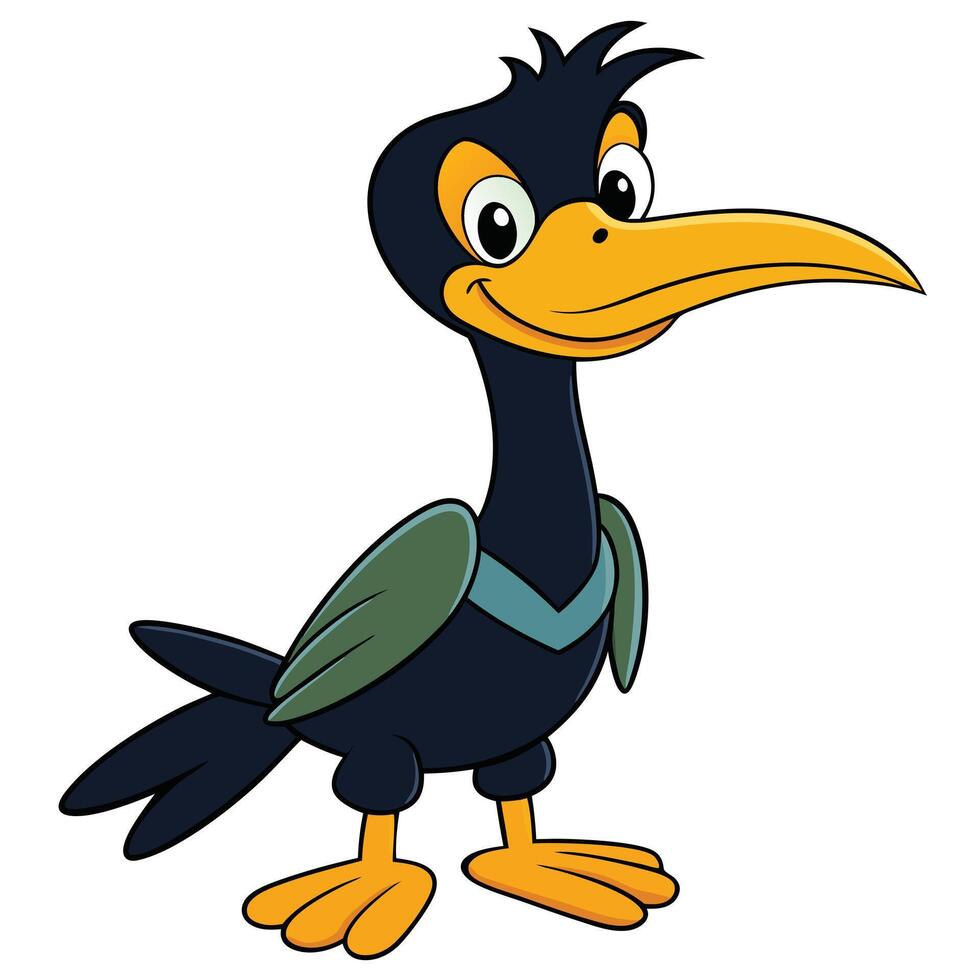 Cheerful black bird cartoon character with yellow beak and feet standing vector
