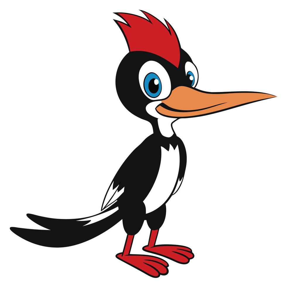 Cartoon woodpecker illustration funny bird character with red crest and orange beak vector