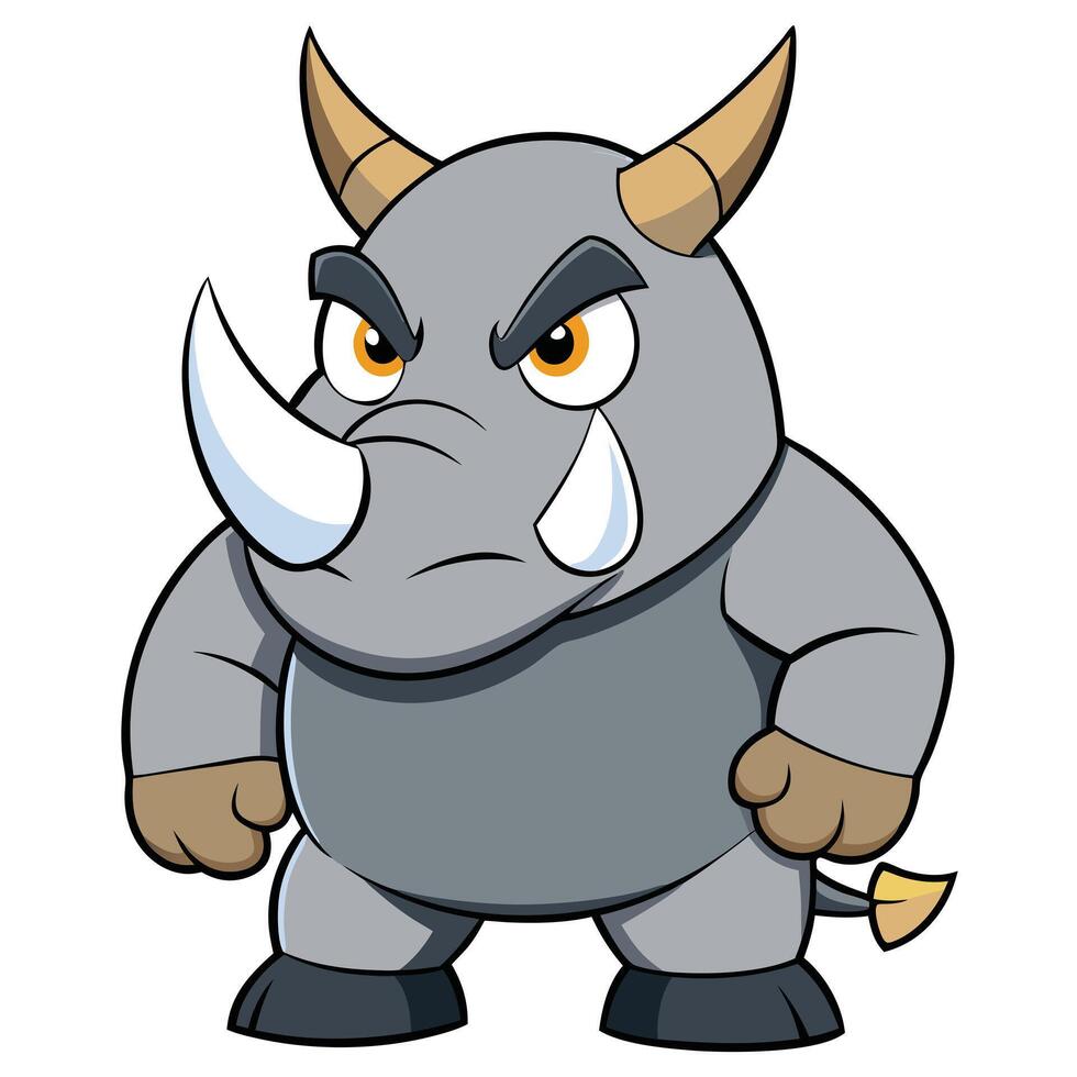 Cartoon rhino character crying with an angry expression standing on white background vector