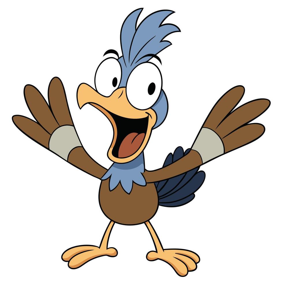 Excited cartoon bird character with open arms standing on white background vector