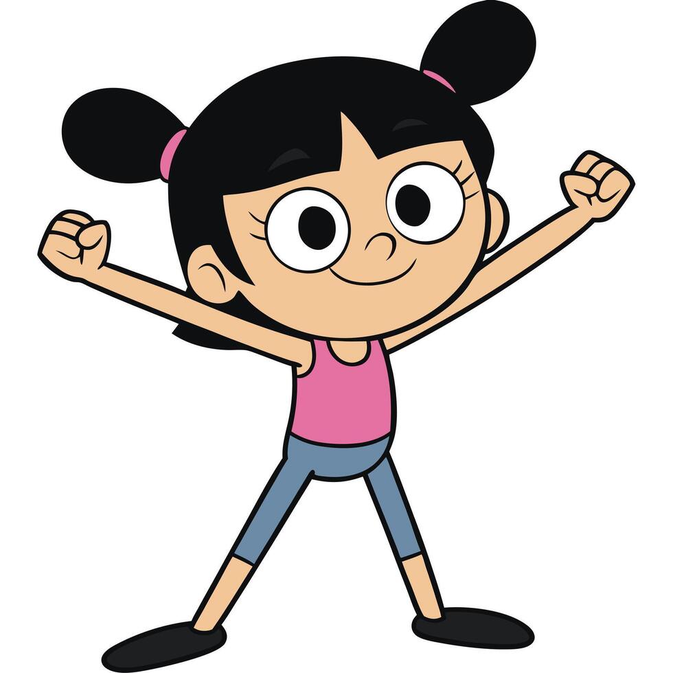 Happy cartoon girl with pigtails cheering and celebrating success illustration vector