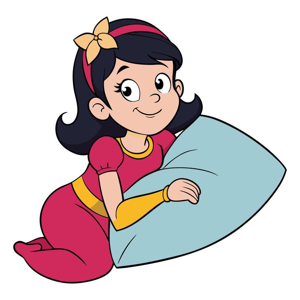 Animated girl leaning on pillow cartoon character illustration for kids vector