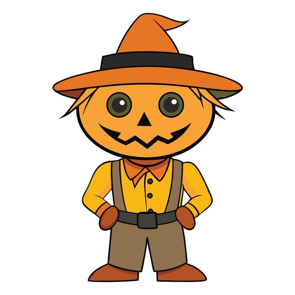 Cute cartoon pumpkin character dressed as scarecrow for halloween celebration vector