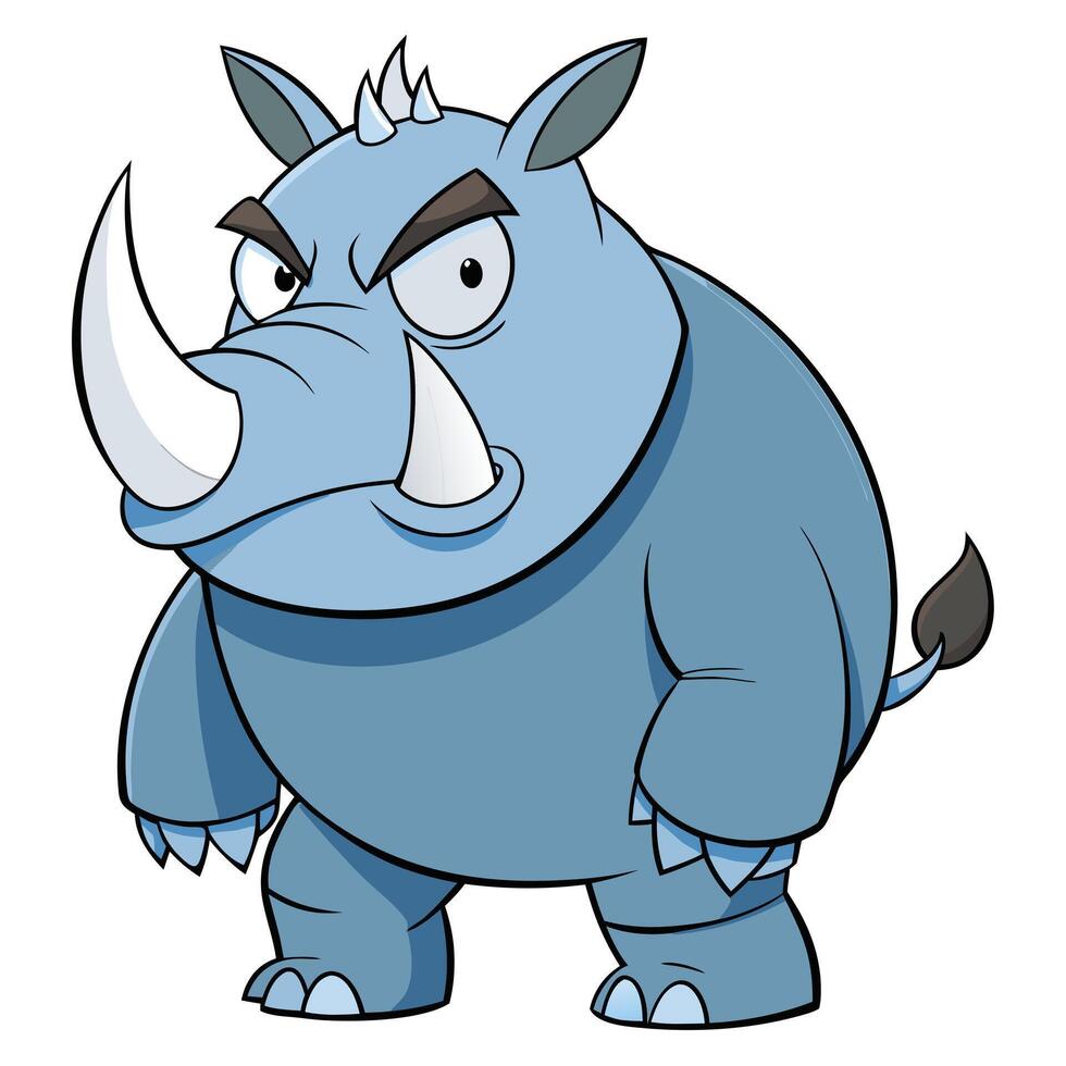 Cartoon illustration of an angry blue rhinoceros with large horns and thick skin vector
