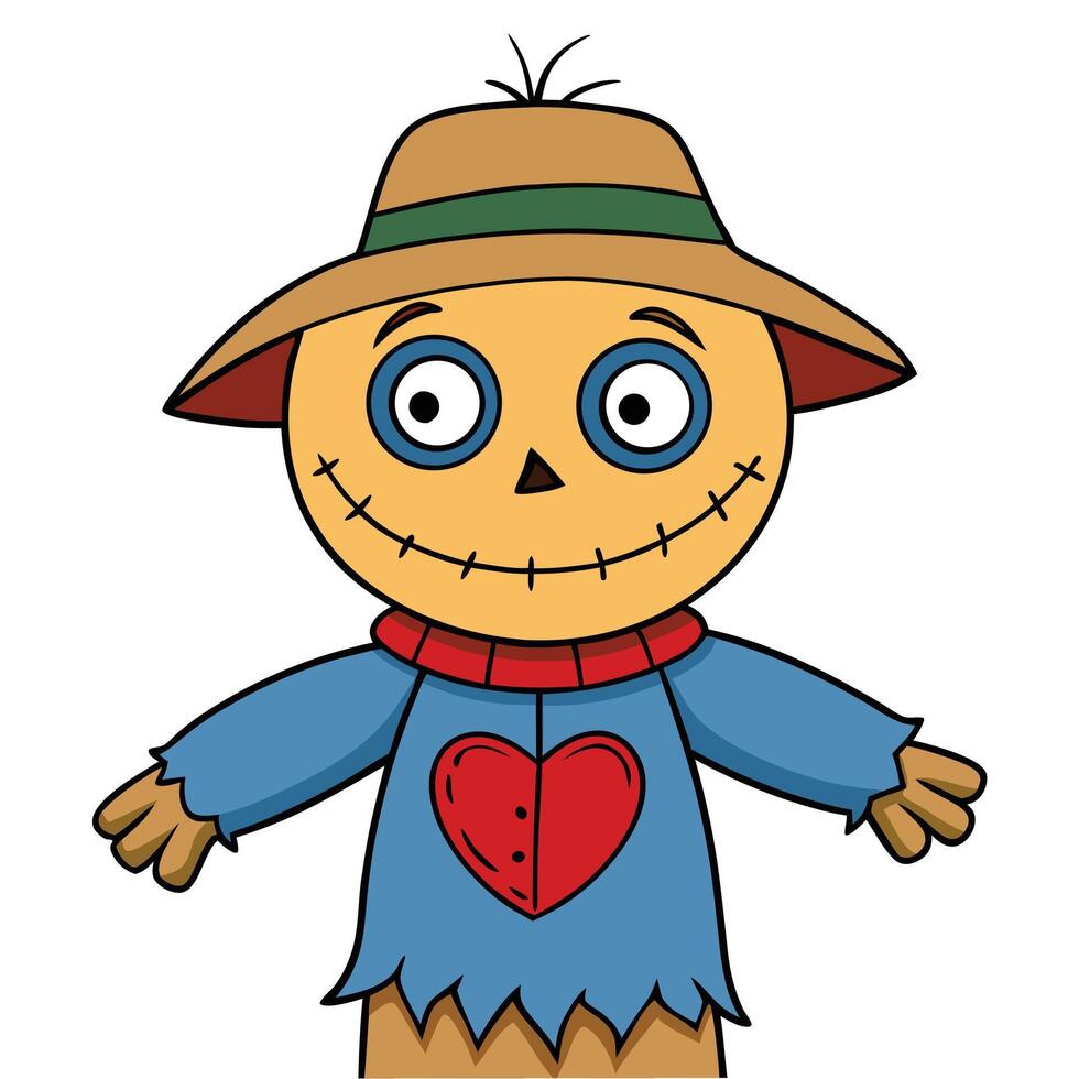 Cute cartoon scarecrow illustration with hat and heart on blue shirt vector