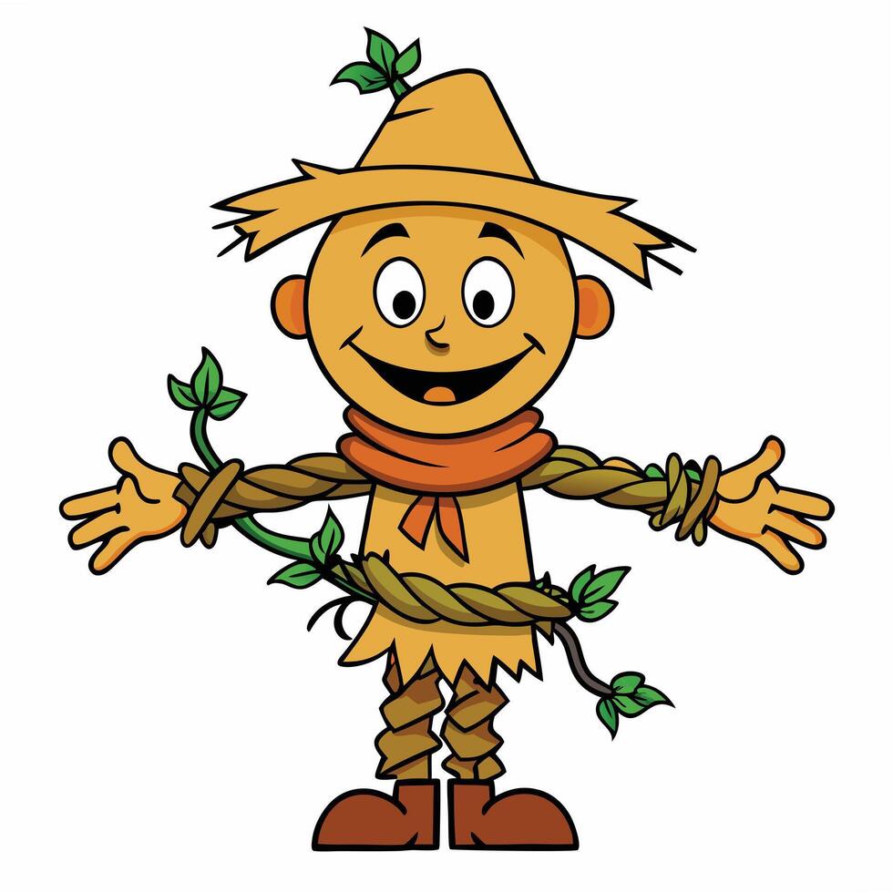Cheerful cartoon scarecrow character with vine details on white background illustration vector
