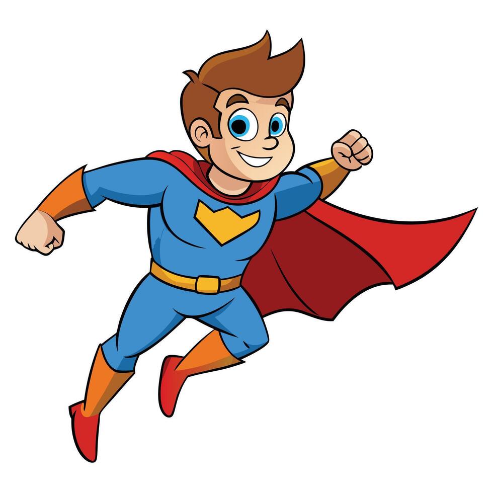 Cartoon boy character superhero illustration flying with cape and confident smile vector
