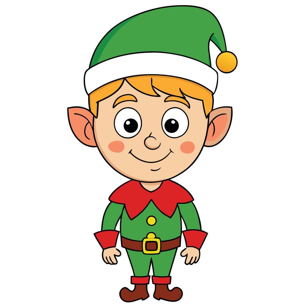 Cheerful cartoon christmas elf character with green hat and red outfit illustration vector