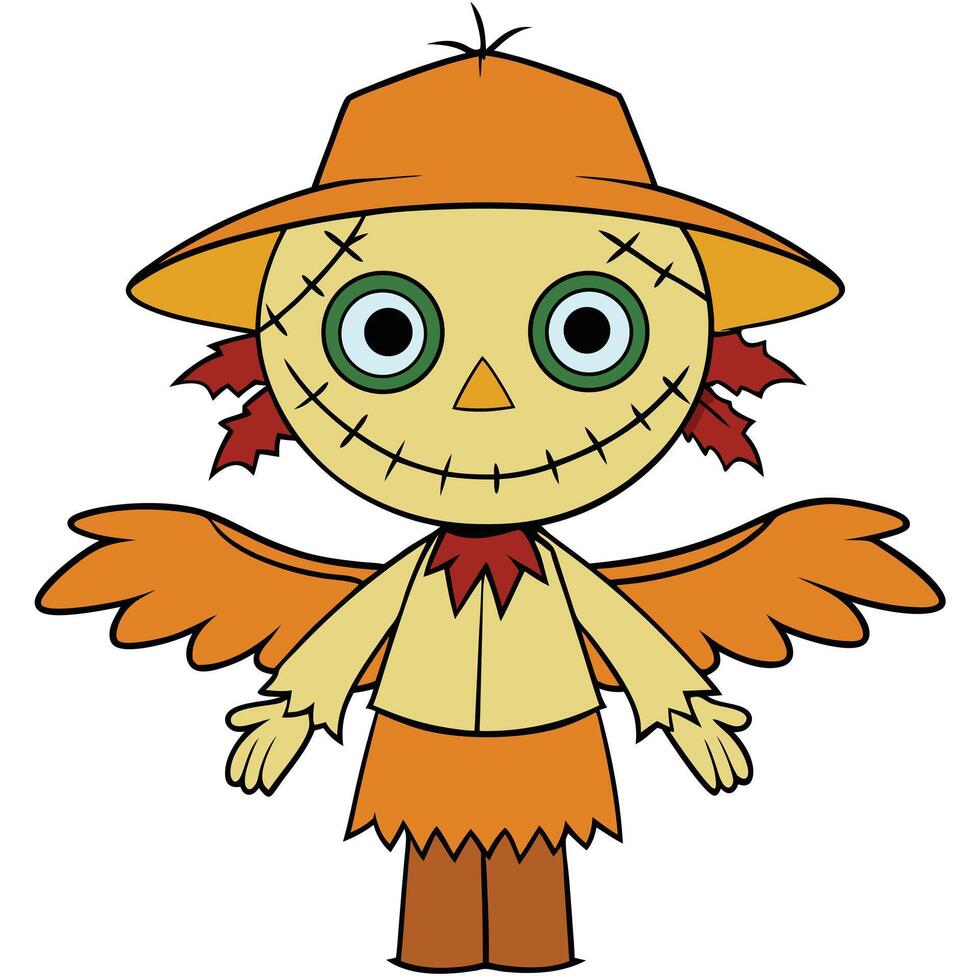 Cartoon style scarecrow illustration with orange hat and green eyes vector