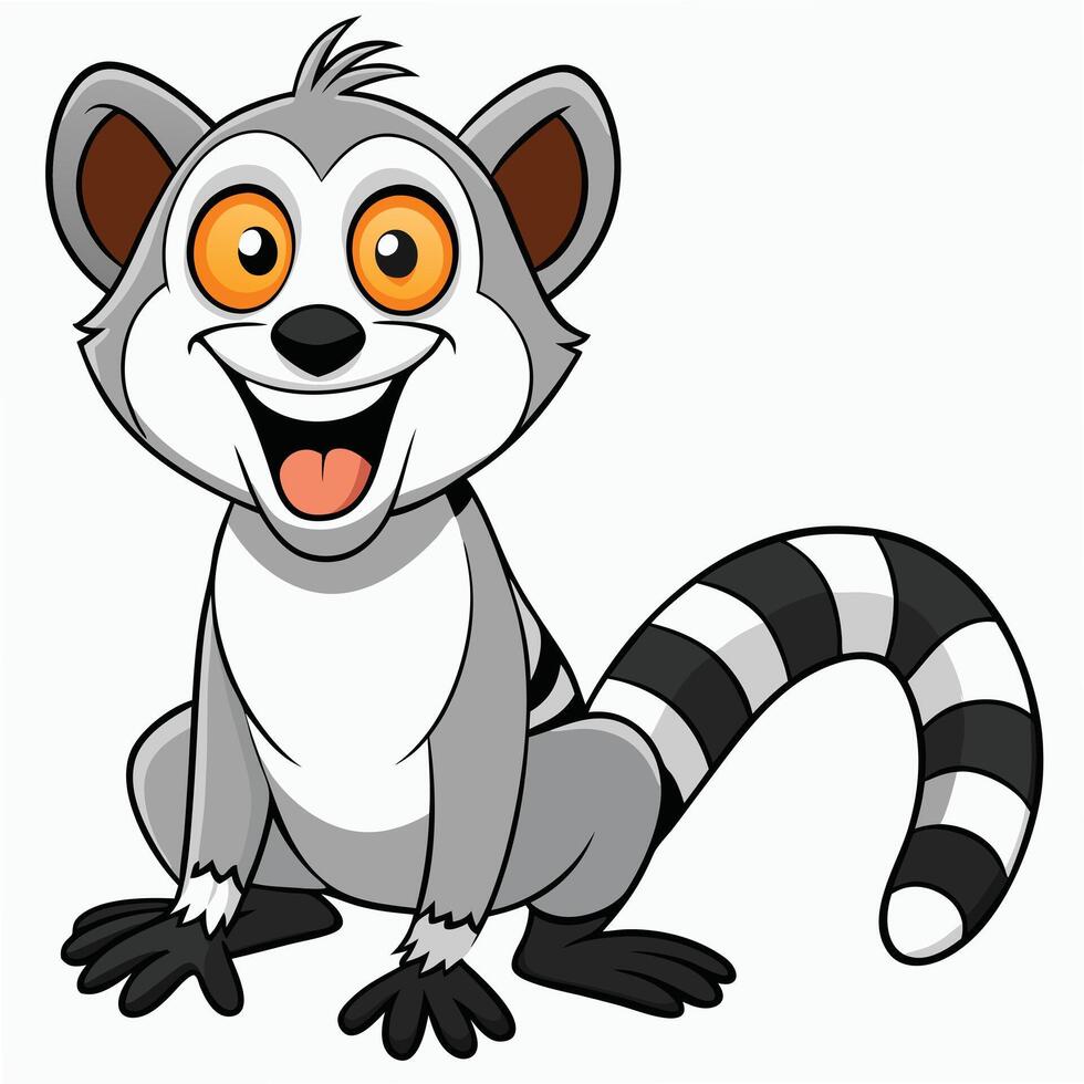 Happy cartoon lemur sitting with striped tail on white background vector