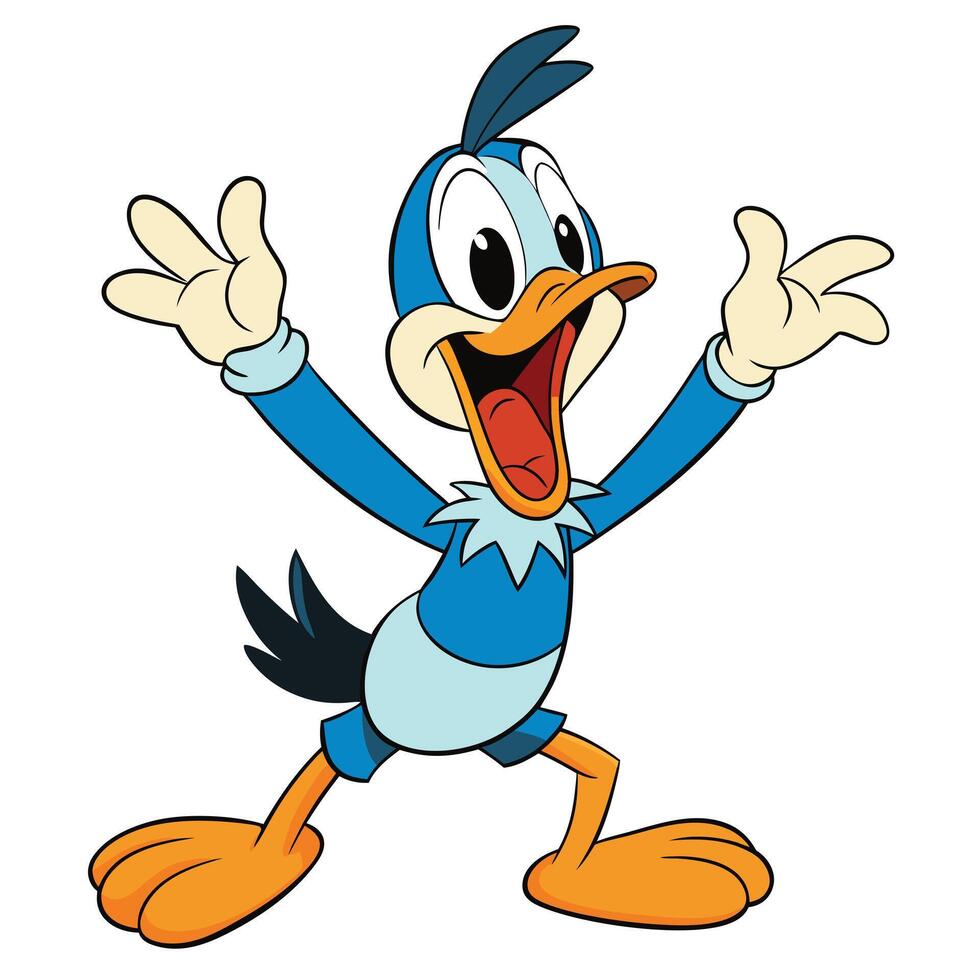 Cheerful cartoon duck illustration with open arms expression for kids design vector