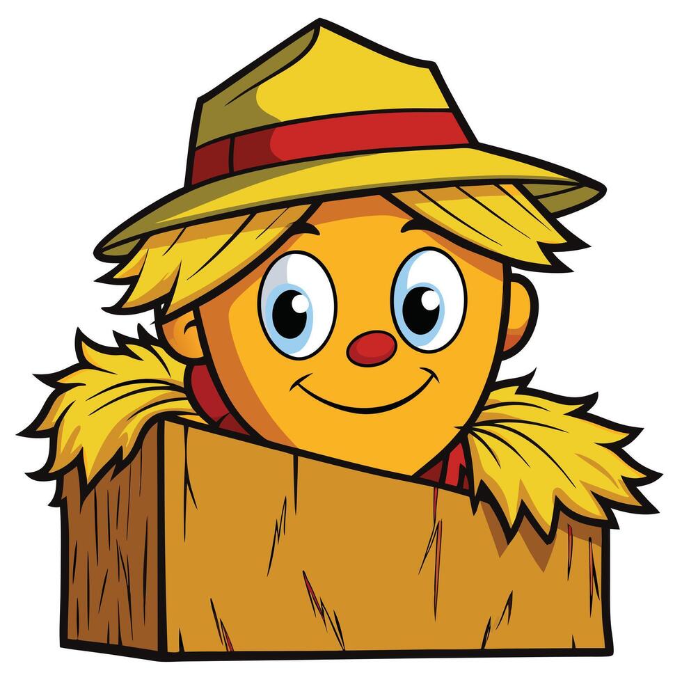Cute cartoon scarecrow character inside wooden box illustration vector