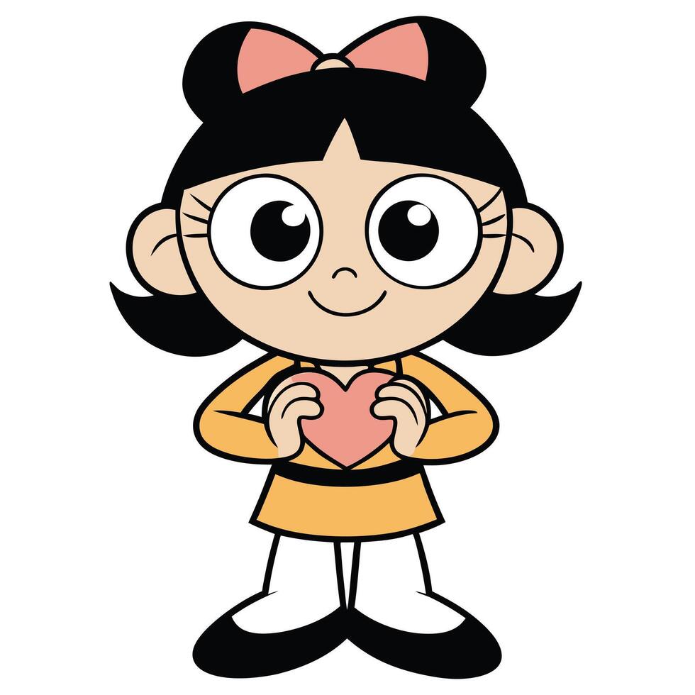 Cute cartoon girl with bow holding pink heart shape illustration vector