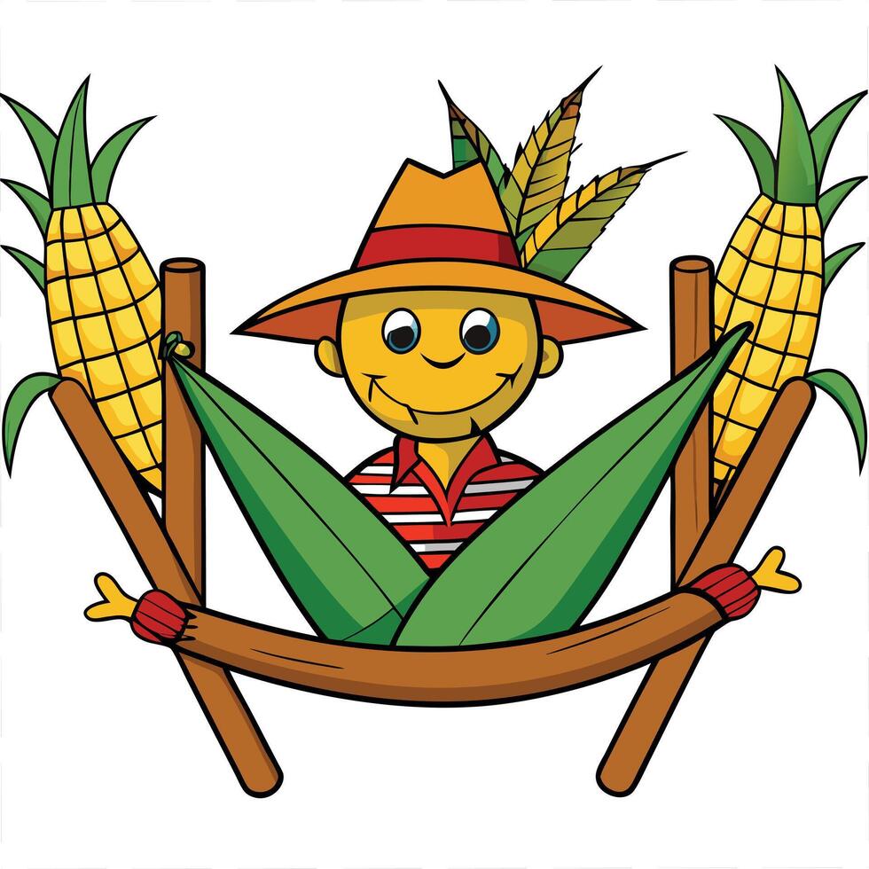 Cartoon corn character relaxing in hammock framed by corn stalks and leaves vector
