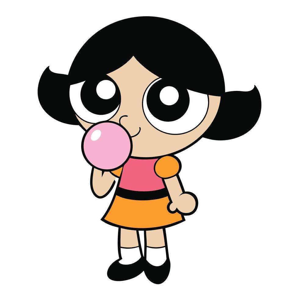 Cartoon girl blowing bubble gum with pink bubble in a fun style vector
