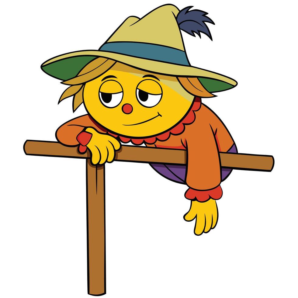 Cute cartoon scarecrow resting on a wooden post with a gentle smile vector