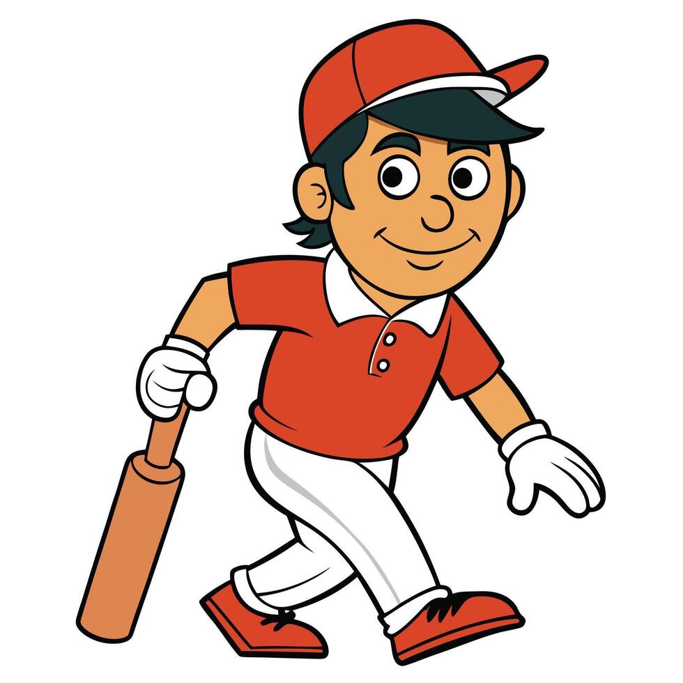 Cartoon boy cricket player walking with bat and wearing cap and gloves vector